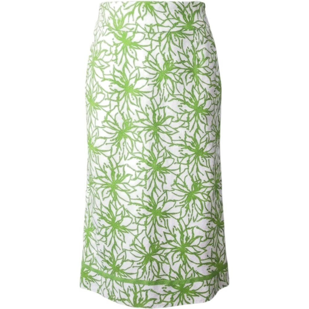 14/16 Linen Blend Midi Skirt Lime Green Floral‎ A-Line Summer Peasant Women